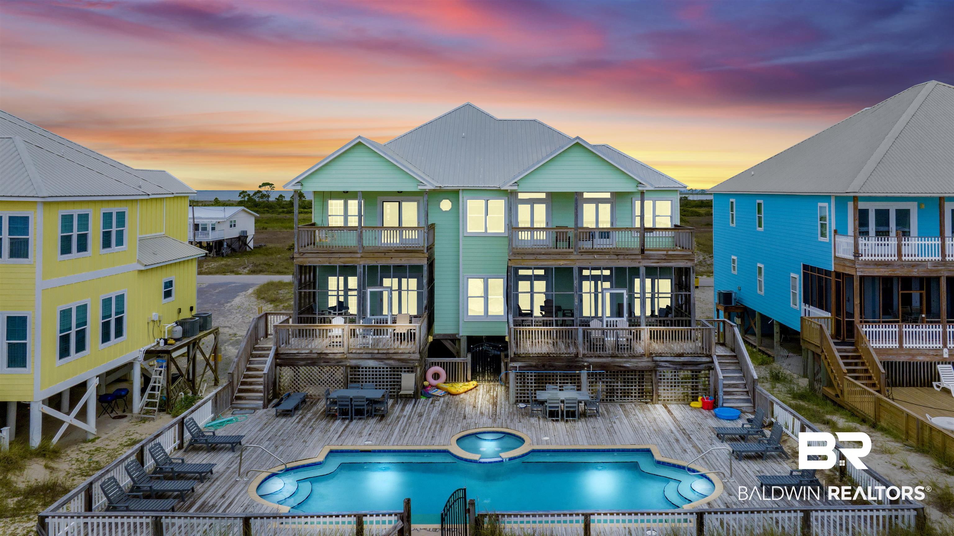 If you're looking for an investment property, look no further than Beachside on Fort Morgan. Beachside is a large 11 bedroom, 7 bath house that will gross $400,000 per year in gross revenue, has a private pool, and sits directly on the white sandy beaches overlooking the crystal blue water of the Gulf of Mexico. This is a duplex that is offered as a single property.  Owners have options to do what they wish. It is able to rent as one unit or two.  This home sleeps up to 40 so please allow time for showing requests and it is best to show between turn arounds during Summer (Saturdays, between 10 am and 4 pm). All information, measurements, details, etc. are to be deemed reliable and to be verified by buyers' and/or buyers' agents. Buyer to verify all information during due diligence.